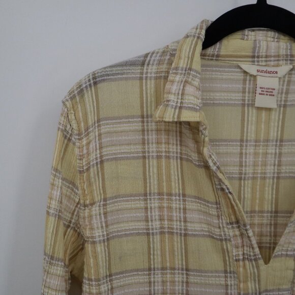 Sundance Popover Shirt Women M Yellow Boho Preppy Academia Coastal Cruise Resort - Picture 9 of 15
